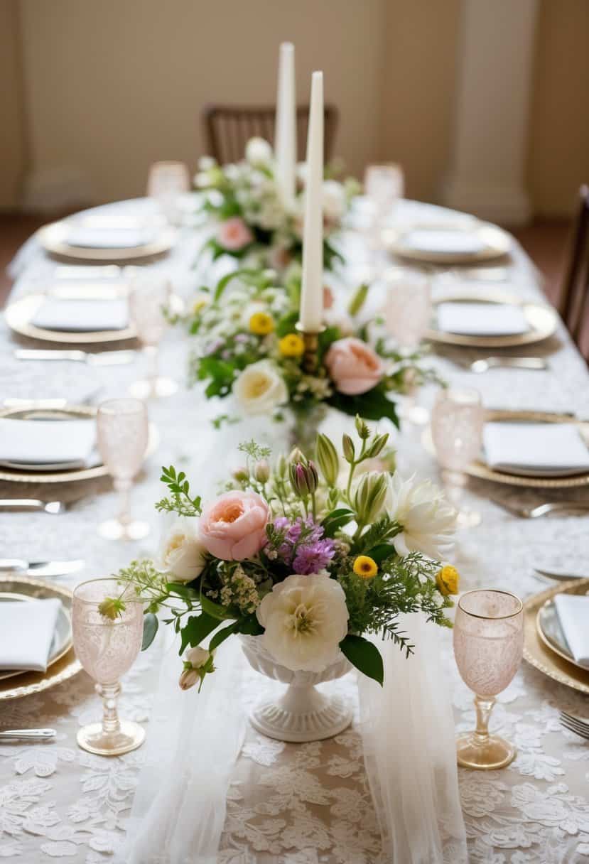 A table adorned with delicate lace tablecloths, adorned with fresh flowers and delicate place settings, creating a romantic and elegant spring wedding atmosphere