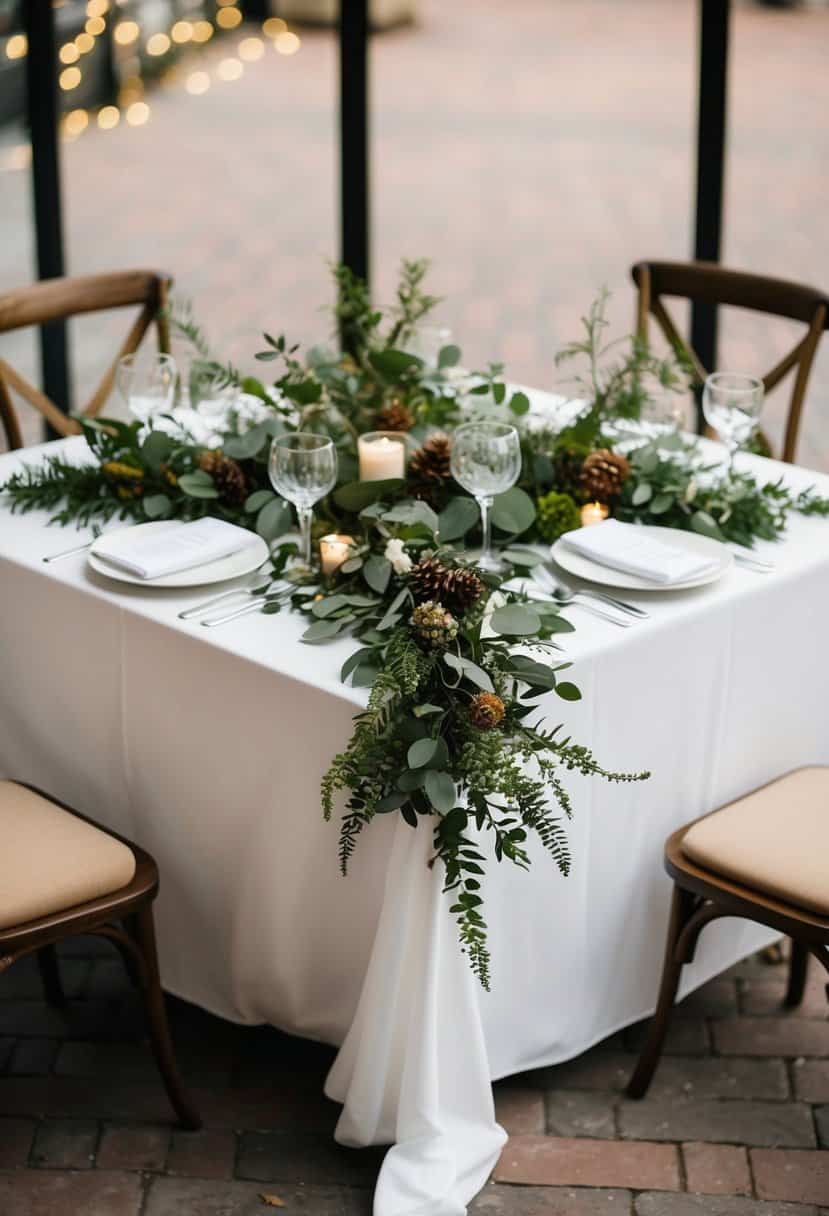 A square table adorned with seasonal greenery arrangements for a wedding decoration