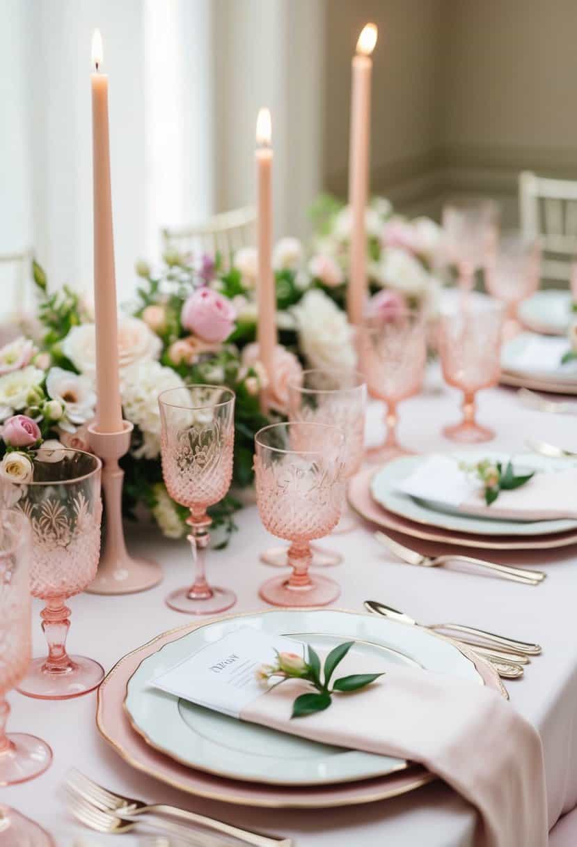 A table adorned with pale pink glassware, delicate and elegant, set for a spring wedding celebration