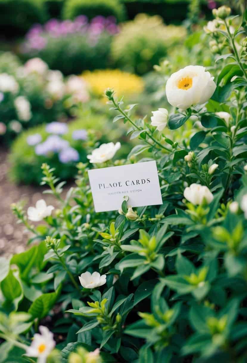 A lush garden with blooming flowers and greenery, with delicate place cards nestled among the foliage