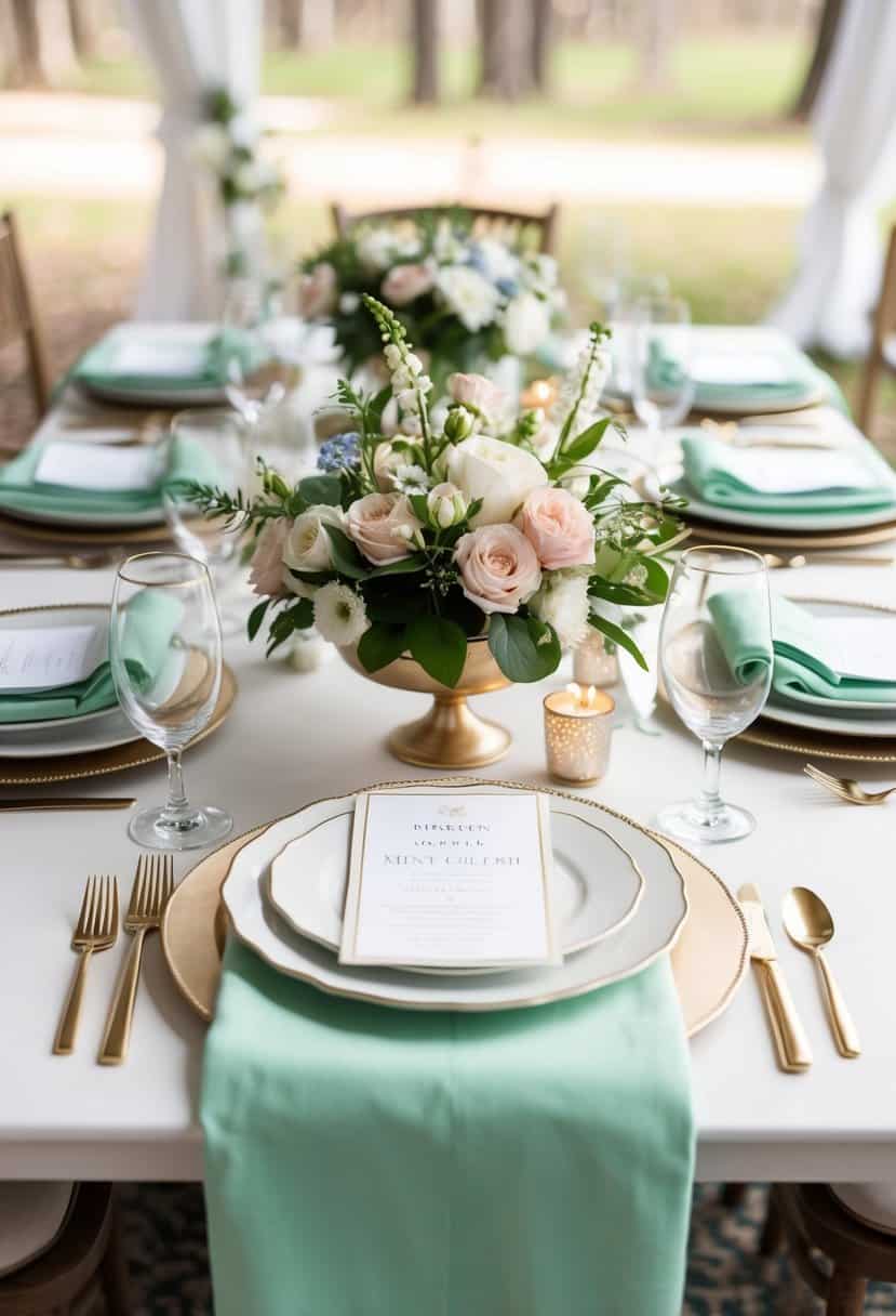 A table set for a spring wedding with mint green napkins, floral centerpieces, and elegant place settings