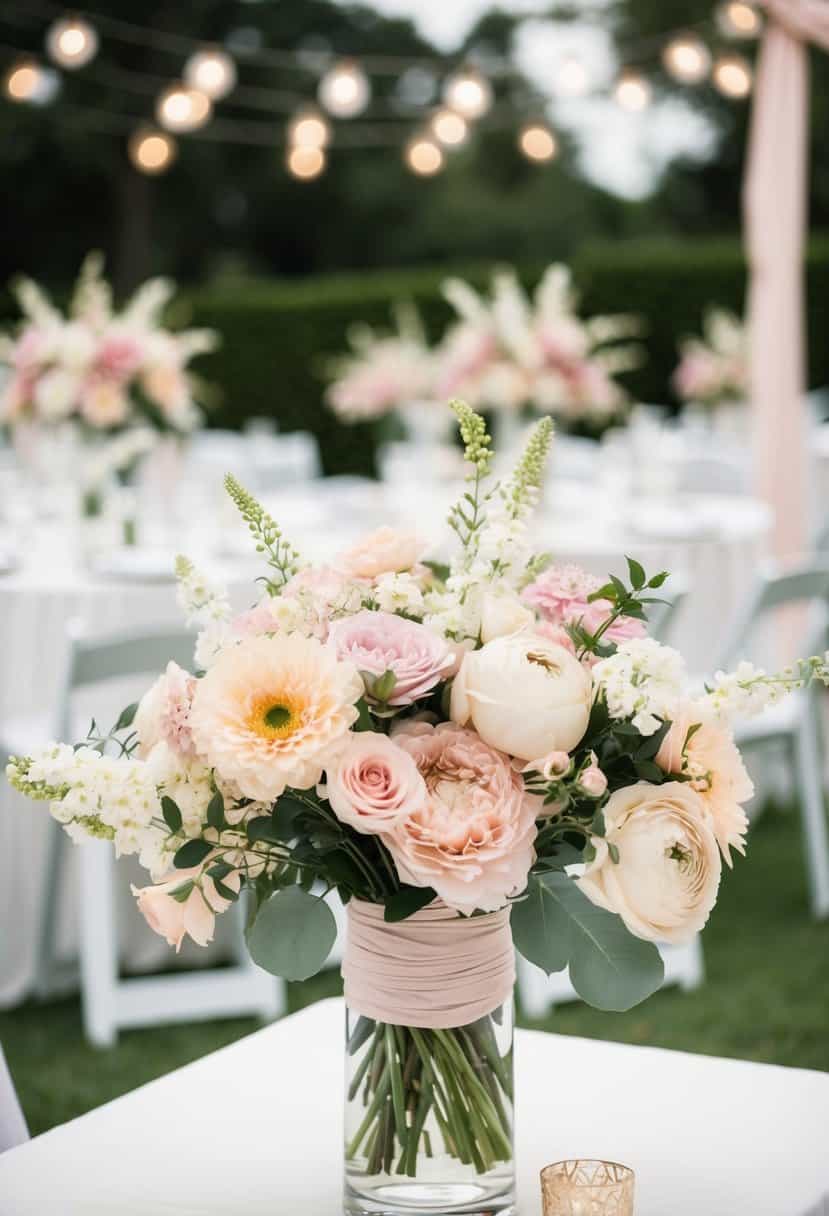 A square table adorned with pastel floral bouquets for a wedding decoration