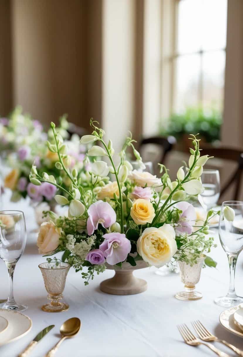 A table adorned with delicate Sweet Pea floral arrangements in soft pastel colors, complementing a spring wedding's elegant and romantic atmosphere