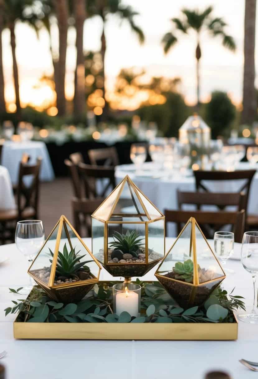 A square table adorned with geometric terrariums for a wedding centerpiece