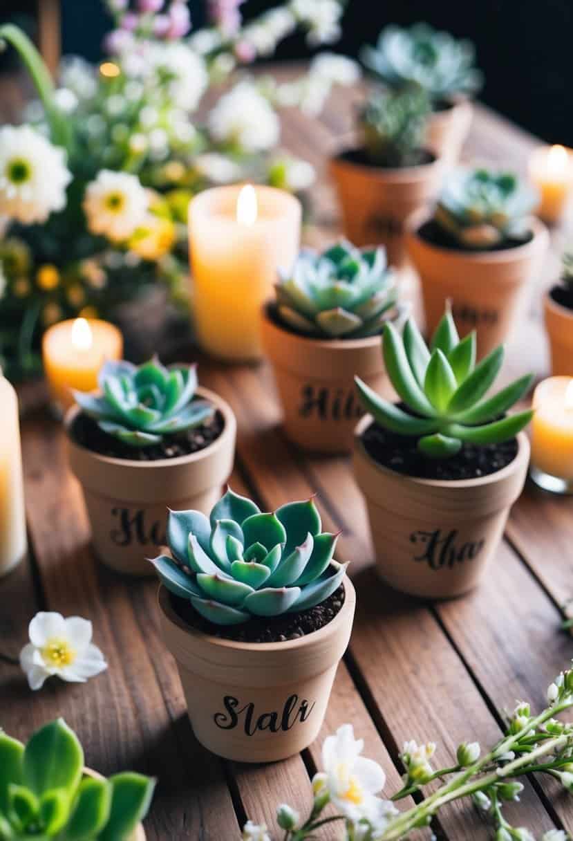 A wooden table adorned with mini succulents in personalized pots, surrounded by delicate spring flowers and soft candlelight