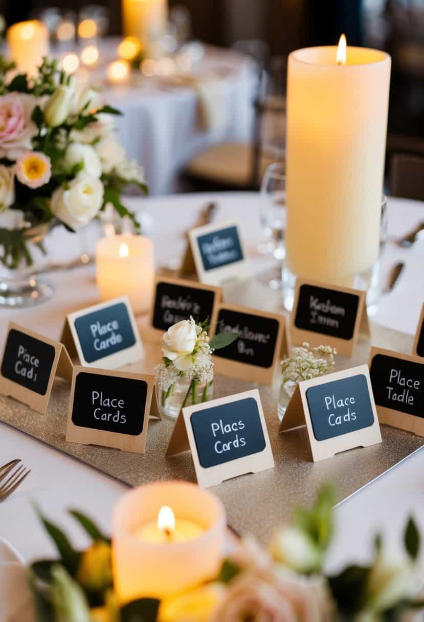 Mini chalkboard place cards arranged on a square table for a wedding reception, surrounded by elegant floral centerpieces and softly glowing candles