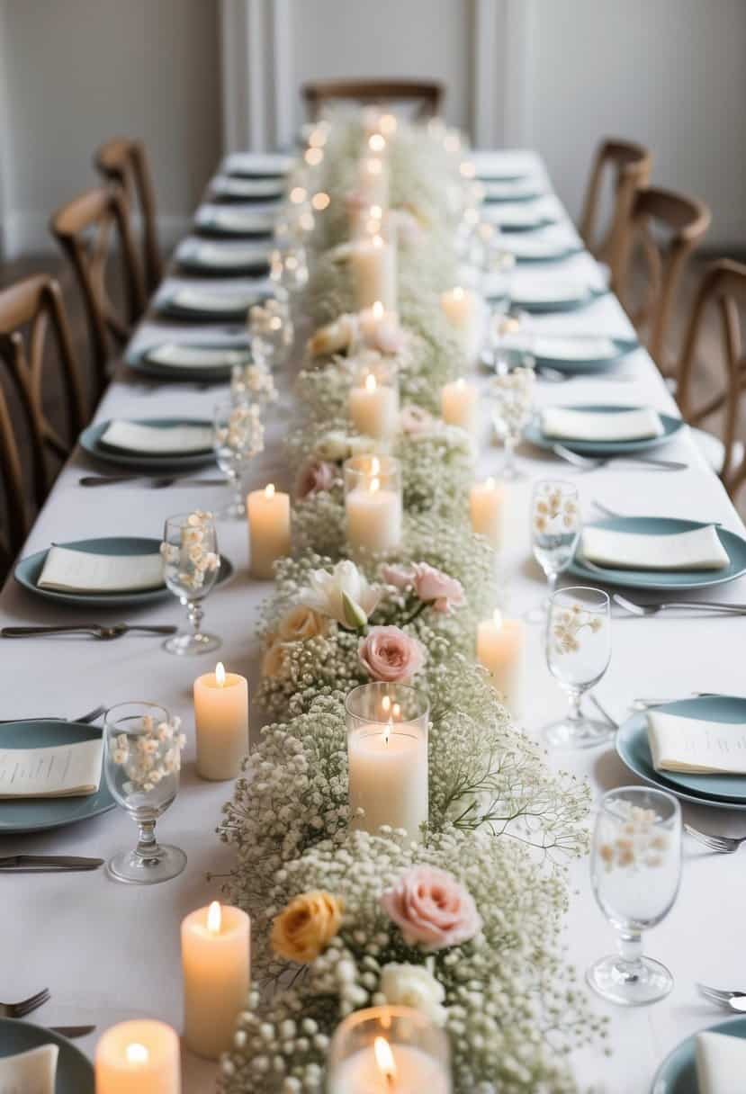 A long table adorned with a delicate garland of baby's breath, interspersed with small candles and pastel-colored flowers, creating a romantic and airy atmosphere for a spring wedding celebration