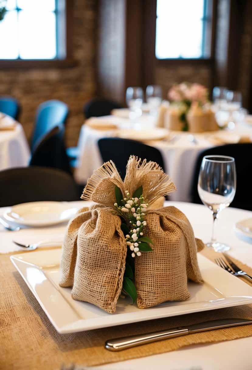 A square table adorned with rustic burlap accents for a wedding centerpiece