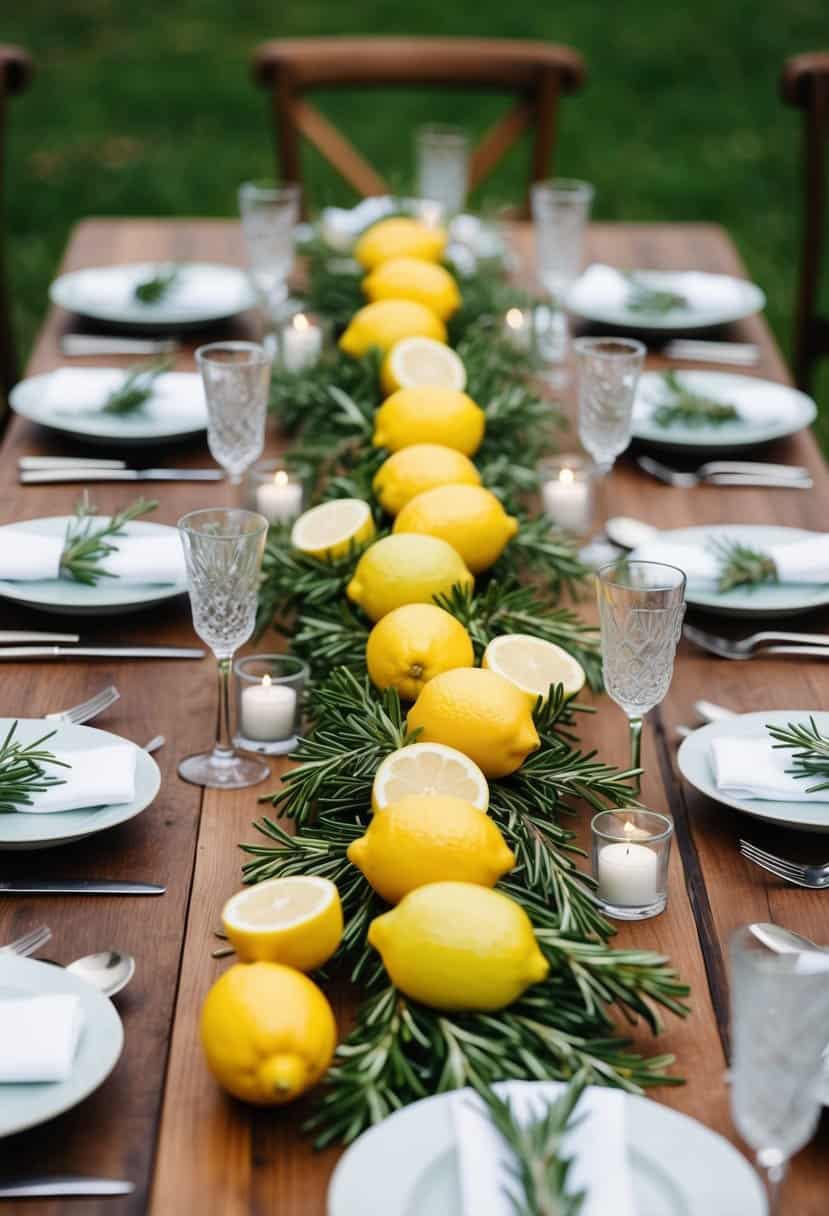 A wooden table adorned with fresh lemons and sprigs of rosemary, creating a vibrant and aromatic spring wedding centerpiece