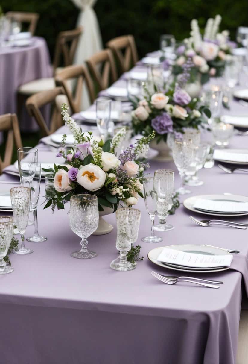A table set with soft lavender linens, adorned with delicate floral centerpieces and sparkling glassware for a spring wedding