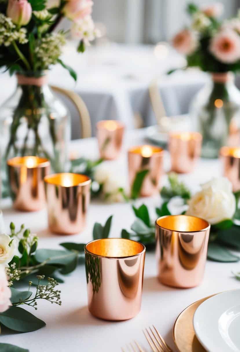 Rose gold votive holders arranged on a spring wedding table, surrounded by delicate flowers and greenery