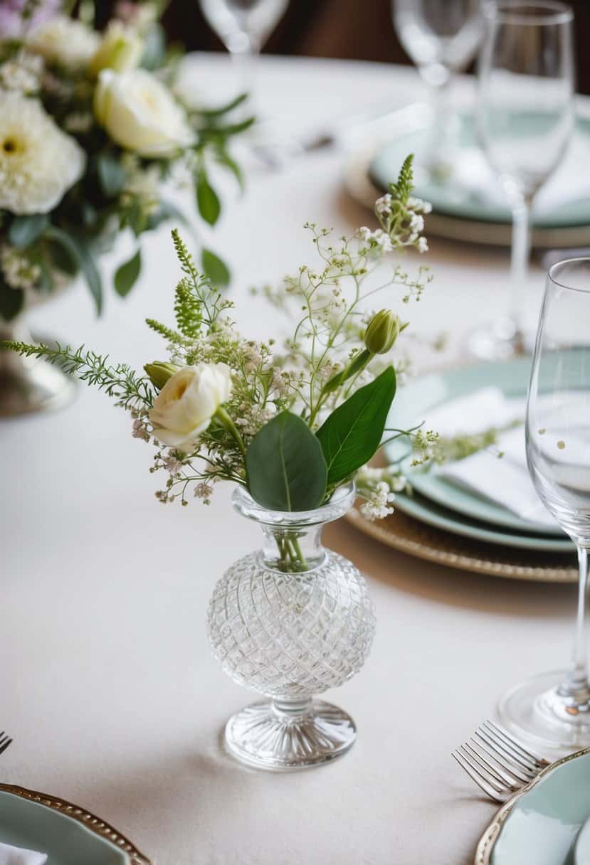 A small crystal bud vase sits on a wedding table, surrounded by delicate flowers and greenery, adding a touch of elegance to the decor