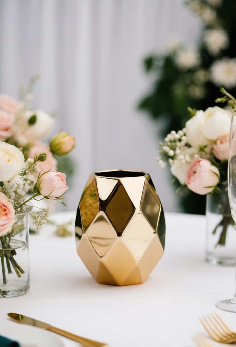 A small geometric gold table vase sits on a white table, surrounded by delicate floral wedding decorations