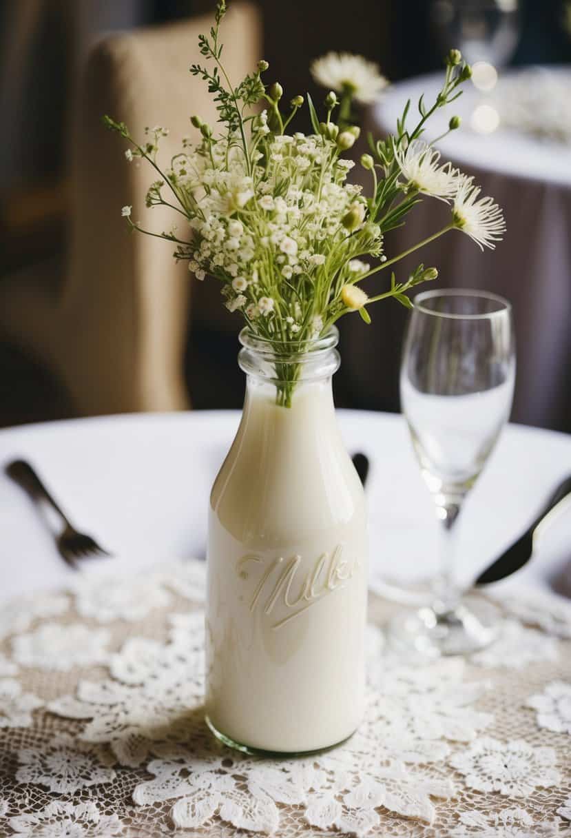 A small vintage milk bottle vase sits on a lace-covered wedding table, filled with delicate wildflowers
