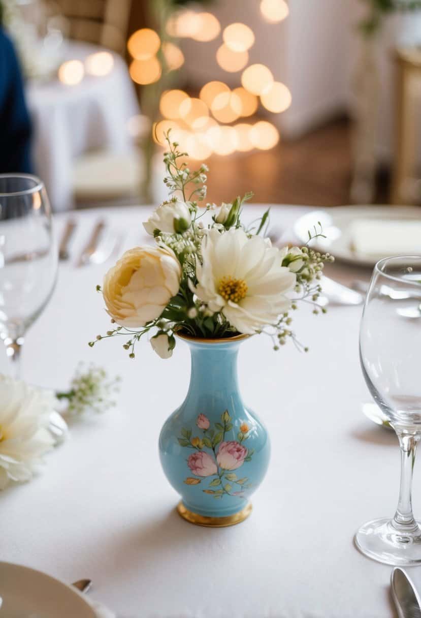A small hand-painted ceramic vase sits on a wedding table, adorned with delicate floral decorations