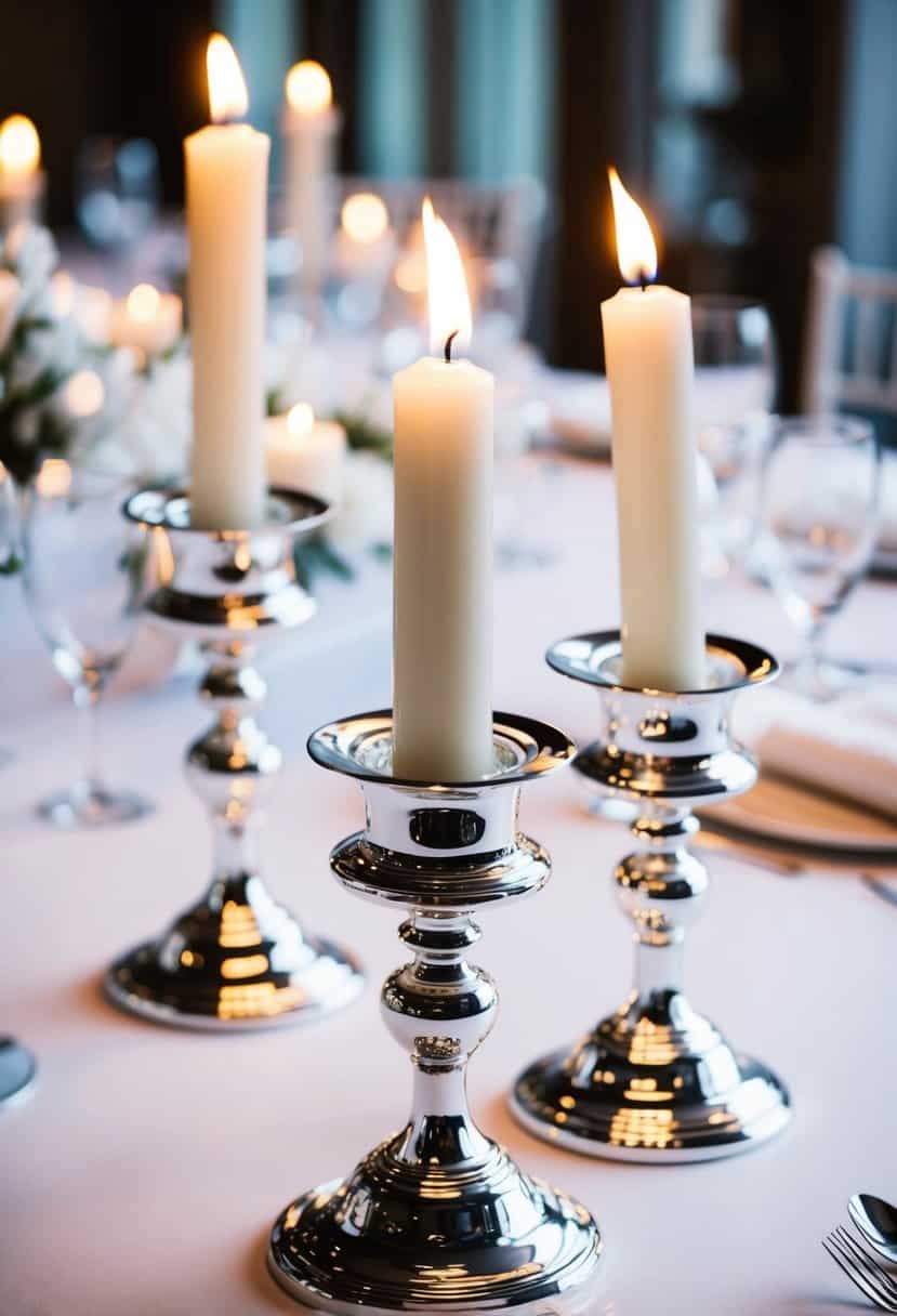 Silver crystal candle holders arranged on a white wedding table with soft candlelight reflecting off the shiny surfaces