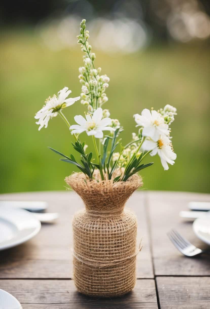 A small, rustic burlap-wrapped vase sits on a wooden table, adorned with delicate flowers, as a wedding table decoration idea