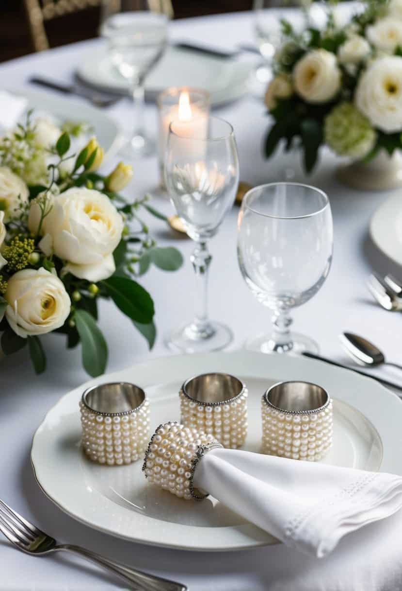 Silver pearl napkin rings arranged on a white wedding table with elegant place settings and floral centerpieces