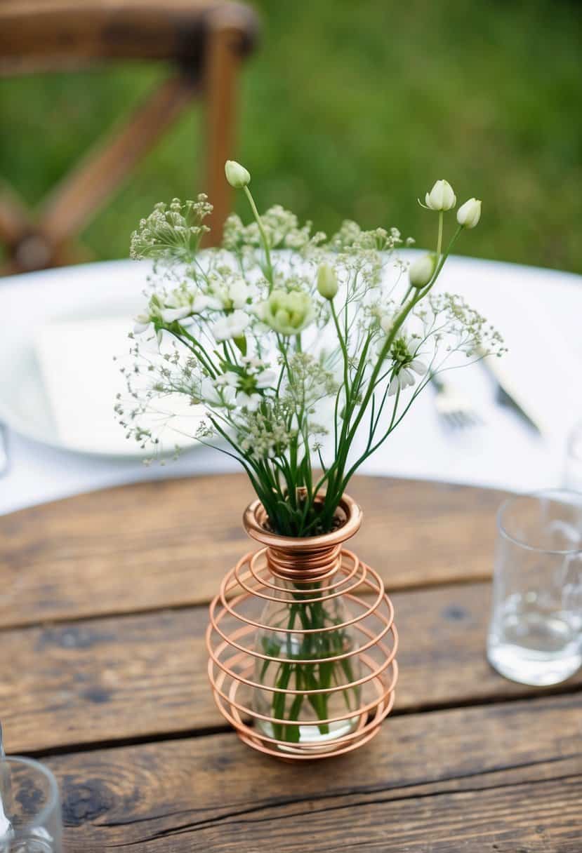 A small copper wire frame vase sits on a rustic wooden table, filled with delicate flowers as a wedding table decoration
