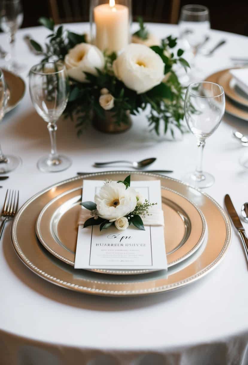 A table set with silver charger plates, adorned with elegant wedding decor