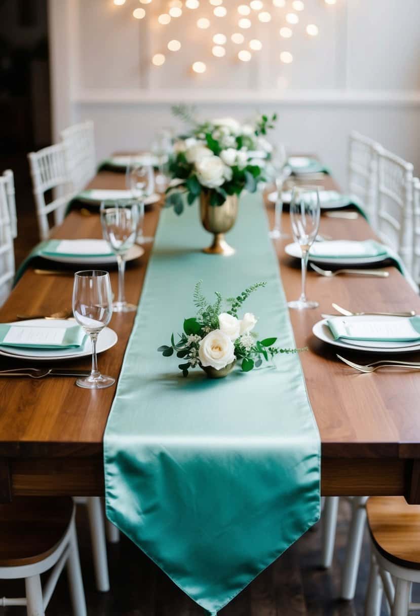 A long sage green silk table runner drapes elegantly across a wooden table, adding a touch of sophistication to the wedding decor