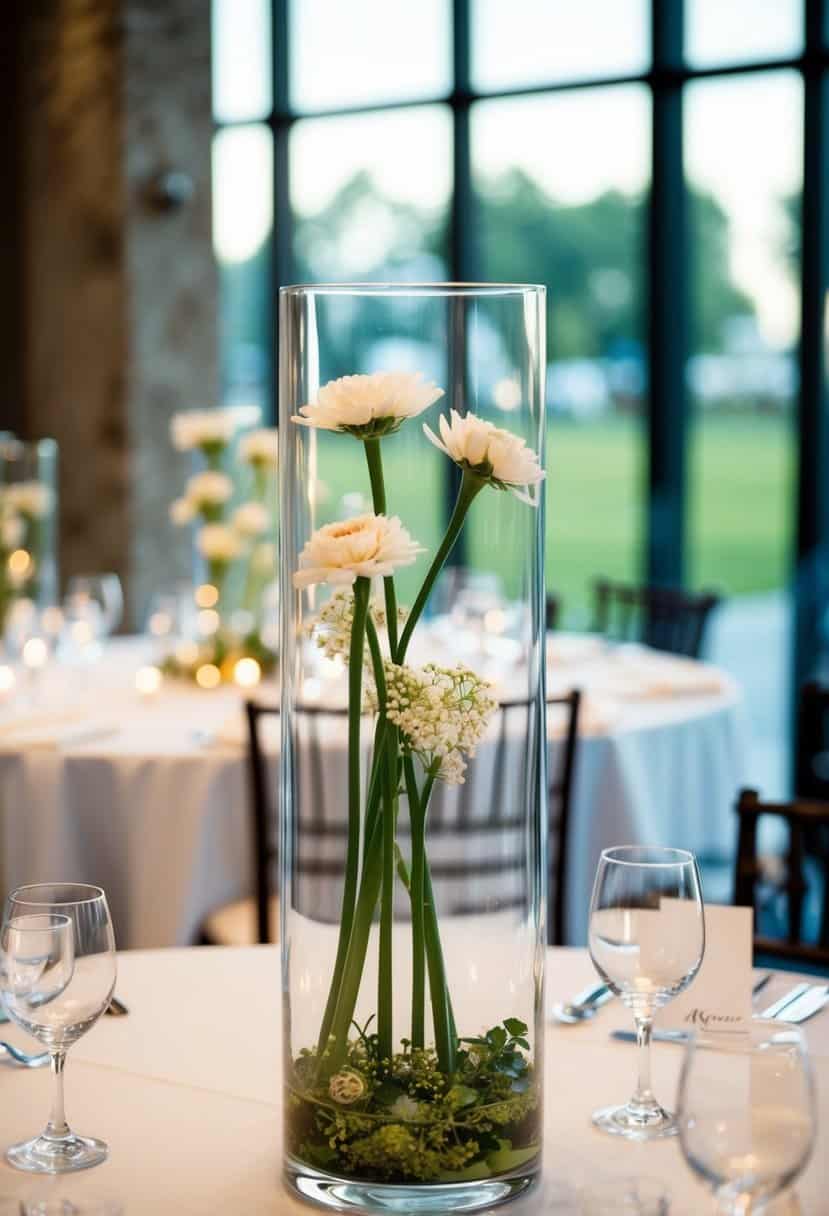 A tall glass cylinder vase sits on a wedding table, filled with small flowers as a decorative centerpiece