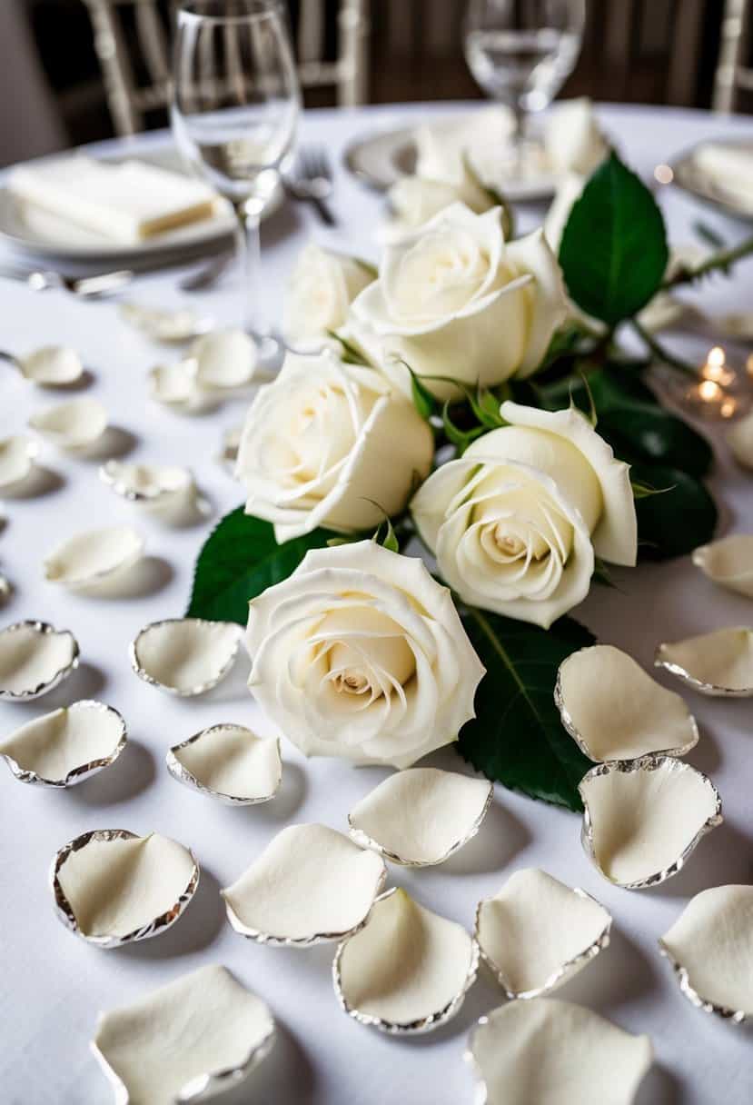 White rose petals with silver edges scattered across a wedding table, adding an elegant and romantic touch to the decor