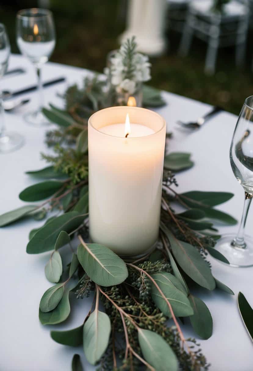 A eucalyptus and sage candle holder sits on a wedding table, surrounded by fresh sage leaves and delicate eucalyptus branches