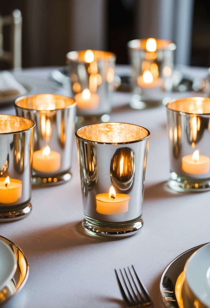 Several silver mercury glass votive holders arranged on a wedding reception table, reflecting the warm glow of candlelight