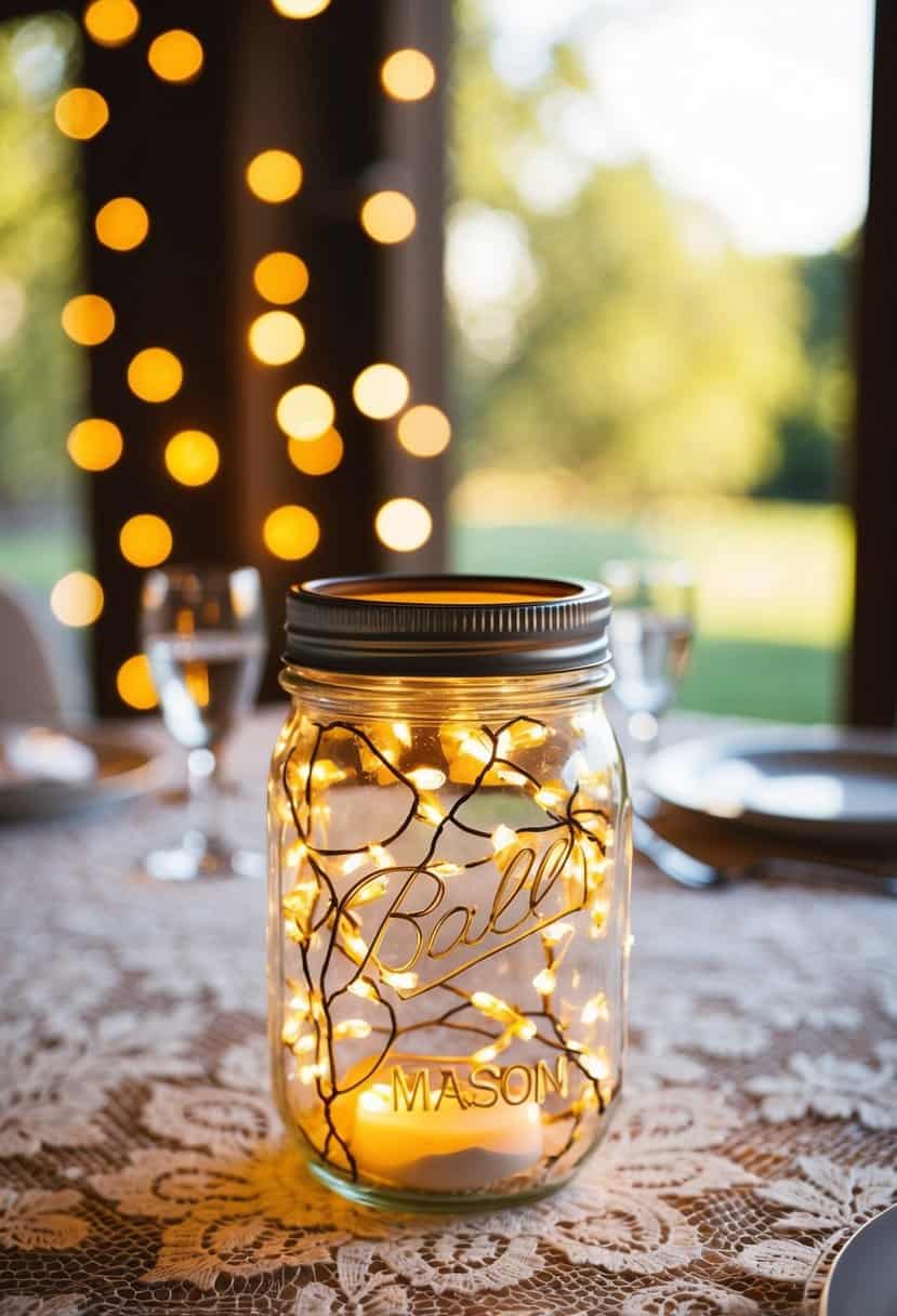 A mason jar filled with fairy lights sits atop a lace-covered table, casting a warm glow as a wedding centerpiece