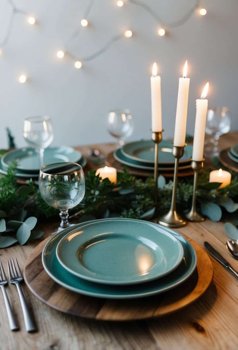 A rustic sage dinnerware set arranged on a wooden table with greenery and soft candlelight
