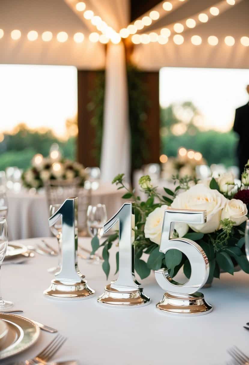 A set of elegant silver table numbers arranged on a beautifully decorated wedding reception table