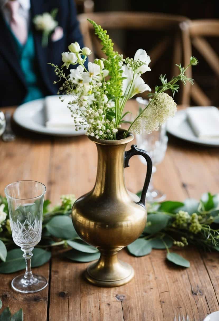 A small antique brass vase sits on a rustic wedding table, surrounded by delicate flowers and greenery