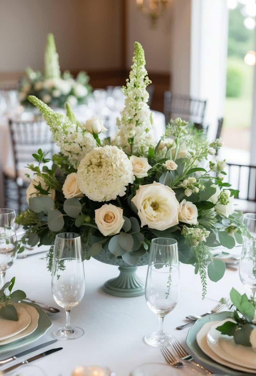 A lush floral centerpiece of sage and ivory blooms adorns a wedding reception table, creating a serene and elegant atmosphere