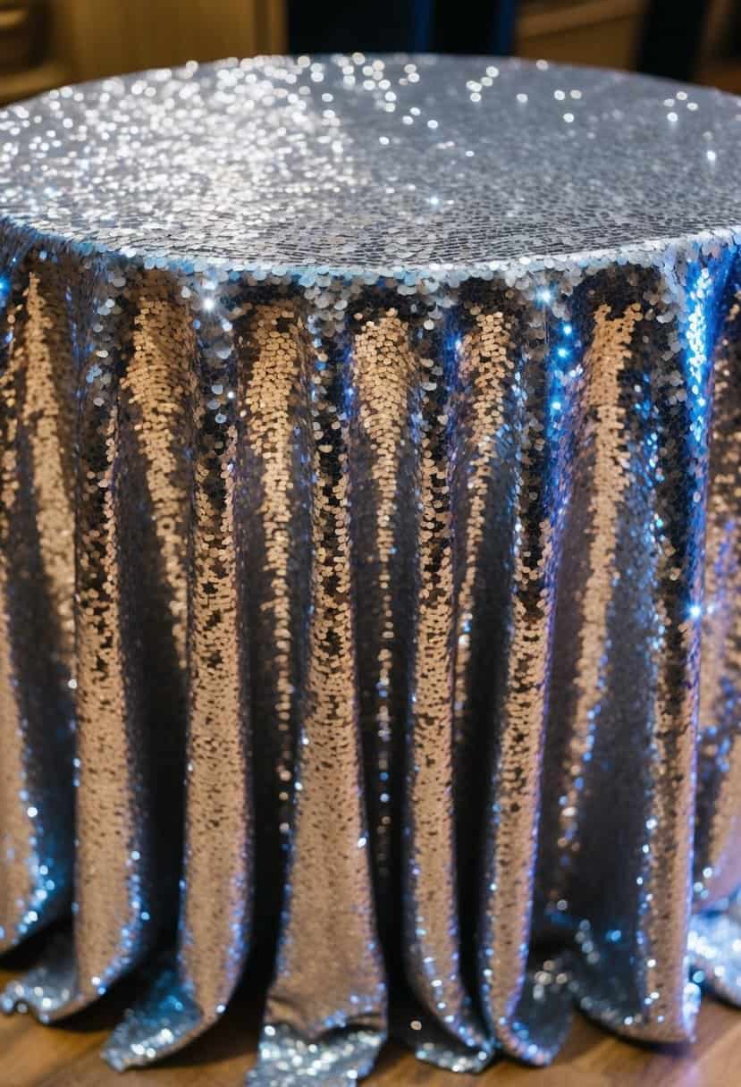 A shimmering silver sequin tablecloth draped over a round table, catching the light and creating a dazzling effect