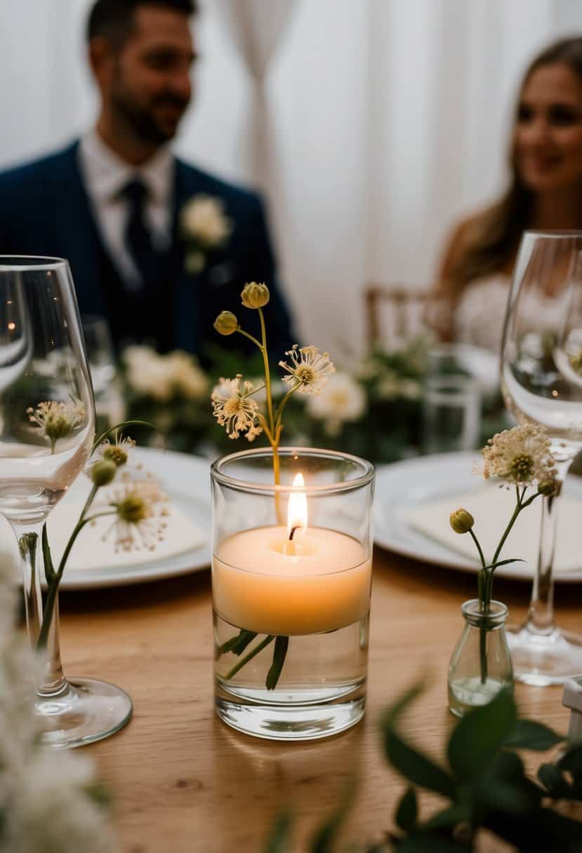 A small glass vase with a floating candle, surrounded by delicate flowers, on a wedding reception table