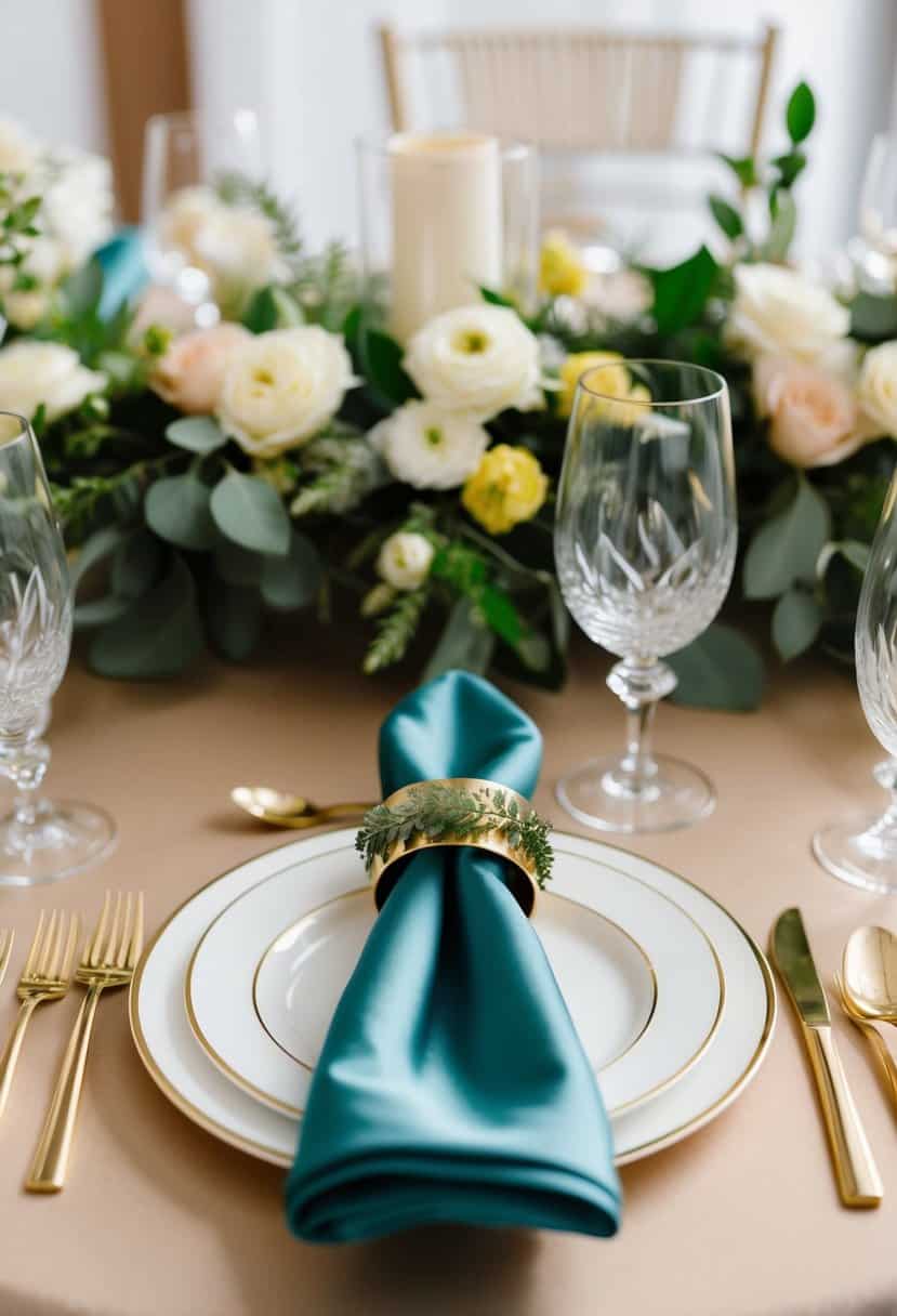 Gold and sage napkin rings arranged on a wedding table with elegant place settings and floral centerpieces