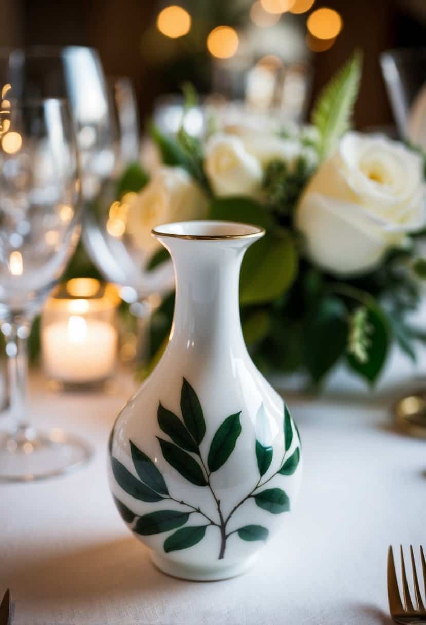 A small porcelain vase with leaf print sits on a wedding table, surrounded by other decorative items