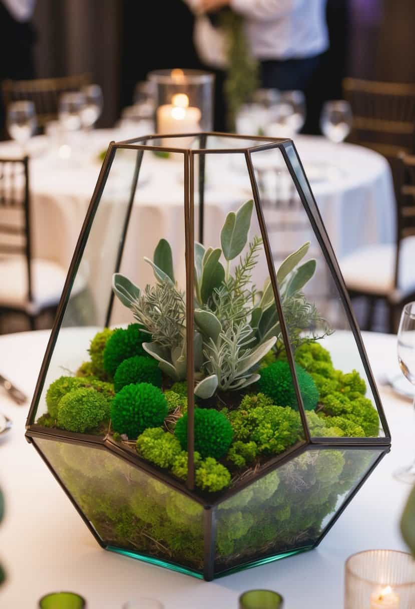 A glass terrarium filled with vibrant green moss, accented with sprigs of sage, sits as a centerpiece on a wedding reception table