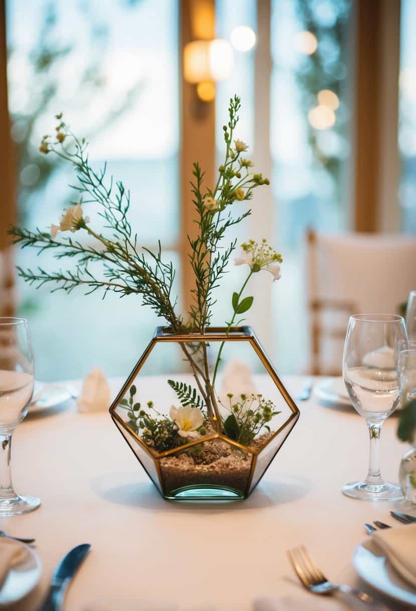 A small terrarium-style vase sits on a wedding table, filled with delicate greenery and small flowers, serving as a charming and elegant decoration