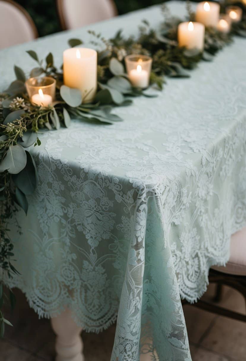 A sage lace tablecloth drapes elegantly over a wedding table, adorned with delicate greenery and soft candlelight