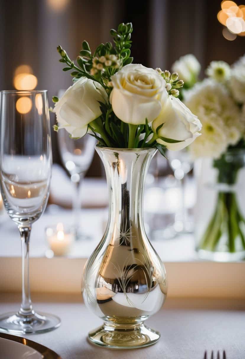 A small etched mercury glass vase sits on a wedding table, catching the light and adding a touch of elegance to the decor