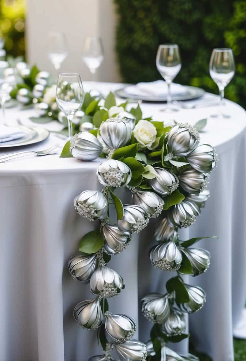 A silk silver flower garland drapes elegantly across a wedding table, adding a touch of shimmering beauty to the decor