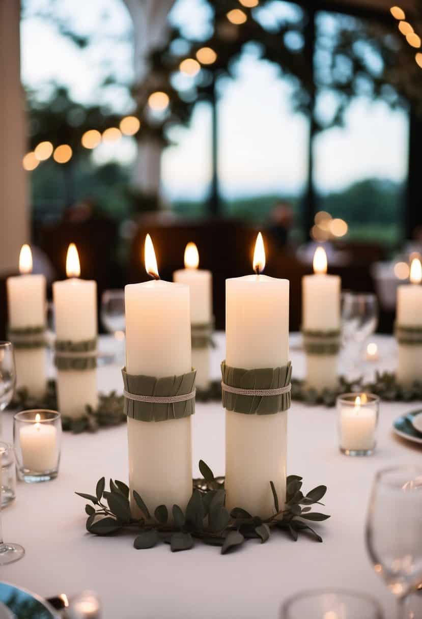 White candles with sage bands arranged in a symmetrical pattern on a wedding reception table