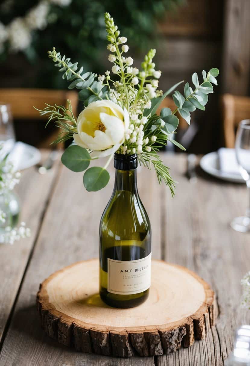 A small recycled wine bottle vase sits atop a rustic wooden table, adorned with delicate flowers and greenery, serving as a charming wedding table decoration