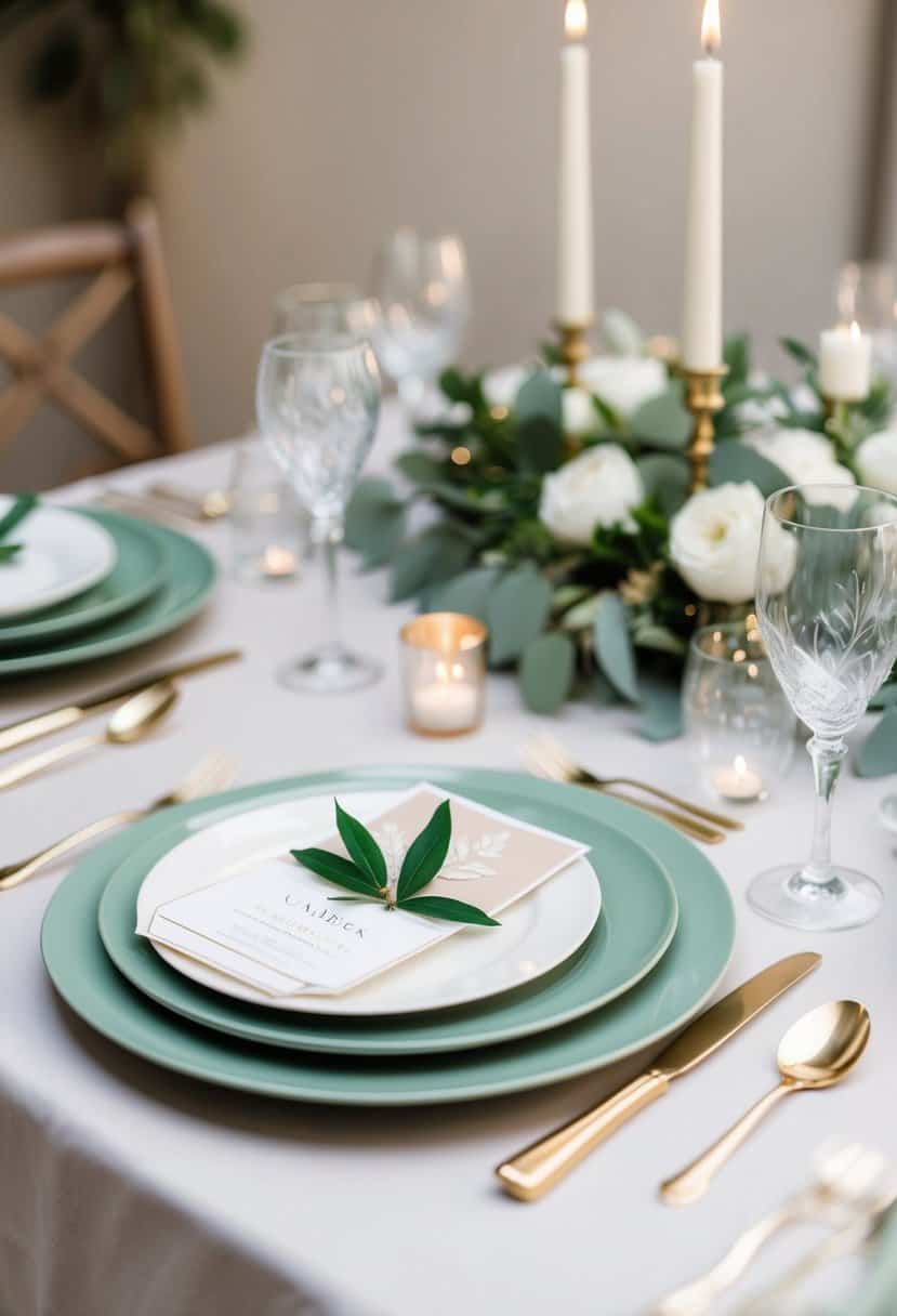 A table set with sage green charger plates, adorned with delicate wedding decorations
