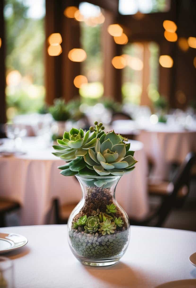A small vase filled with succulents sits as a wedding table decoration