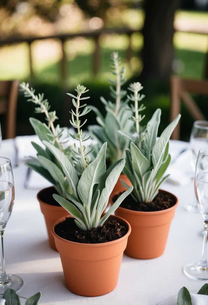 Potted sage plants arranged on a wedding table, with delicate sprigs of sage used as decoration