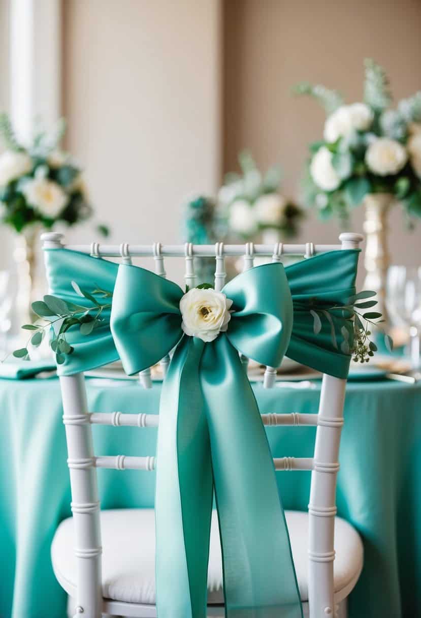 A sage green ribbon elegantly draped over the back of a chair, with delicate floral accents, set against a table adorned with matching sage wedding decor