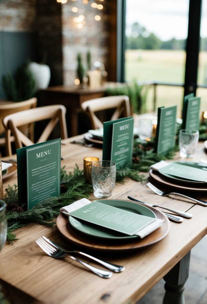 A wooden table set with sage green menu cards and rustic decor